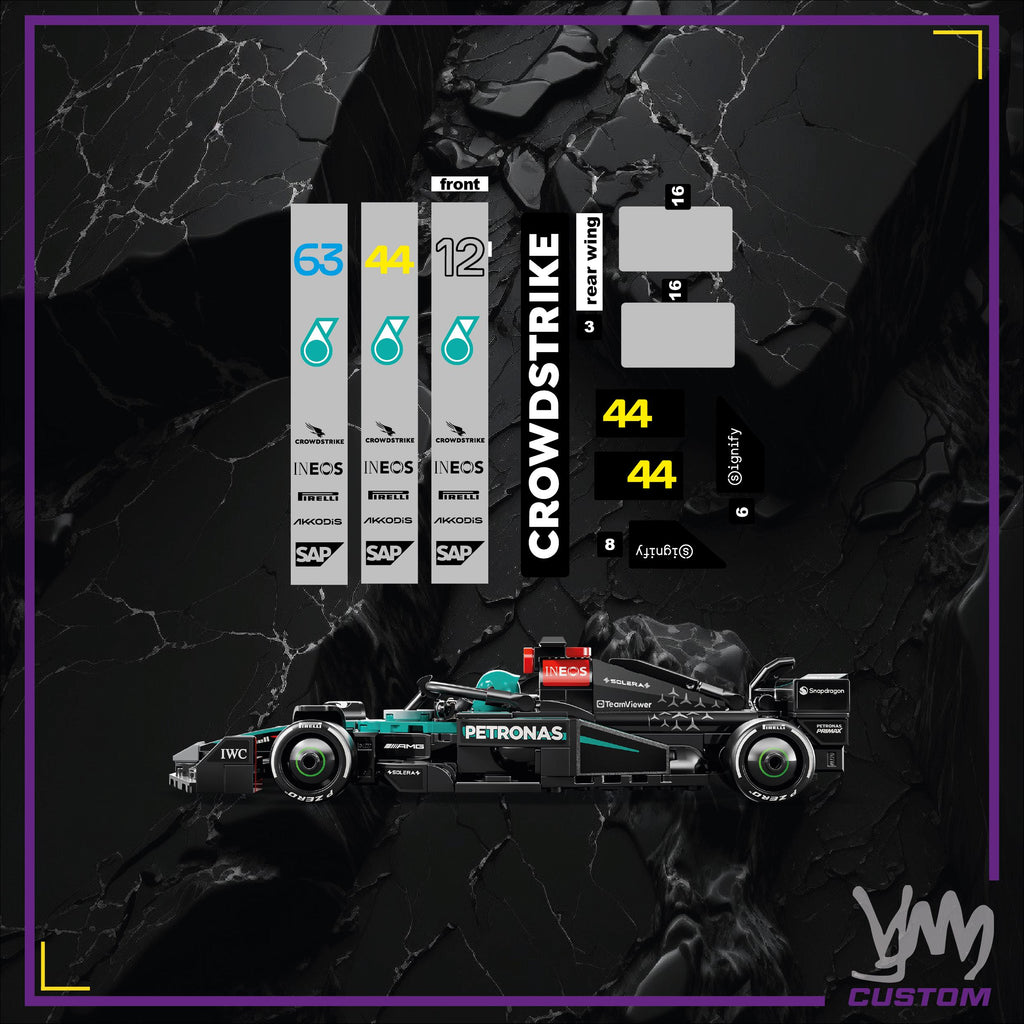 Pack de stickers Mercedes F1 Team édition livrée 2025 pour Lego Speed Champion 77244 - George Russell / Kimi Antonelli / Lewis Hamilton