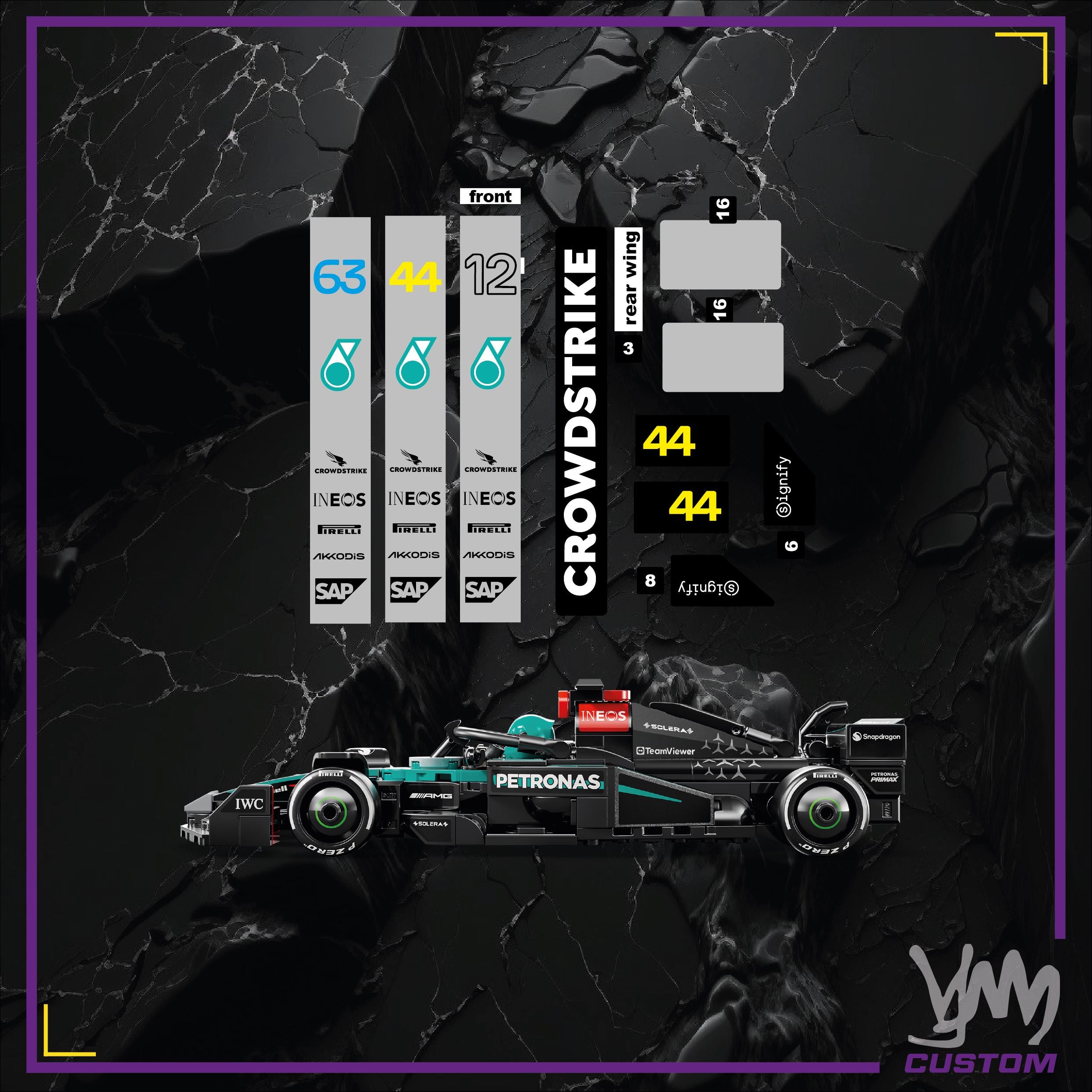 Pack de stickers Mercedes F1 Team édition livrée 2025 pour Lego Speed Champion 77244 - George Russell / Kimi Antonelli / Lewis Hamilton