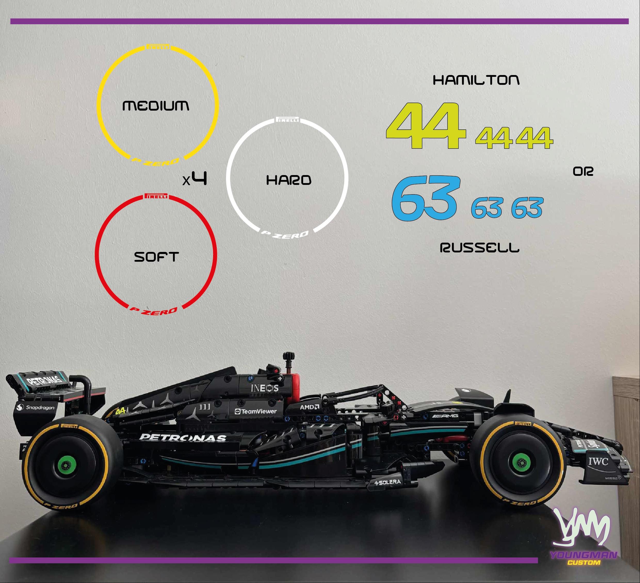 Pack de stickers pour Lego Technic Mercedes-AMG F1 W14 E-Performance pneus et numéro Hamillton / Russell