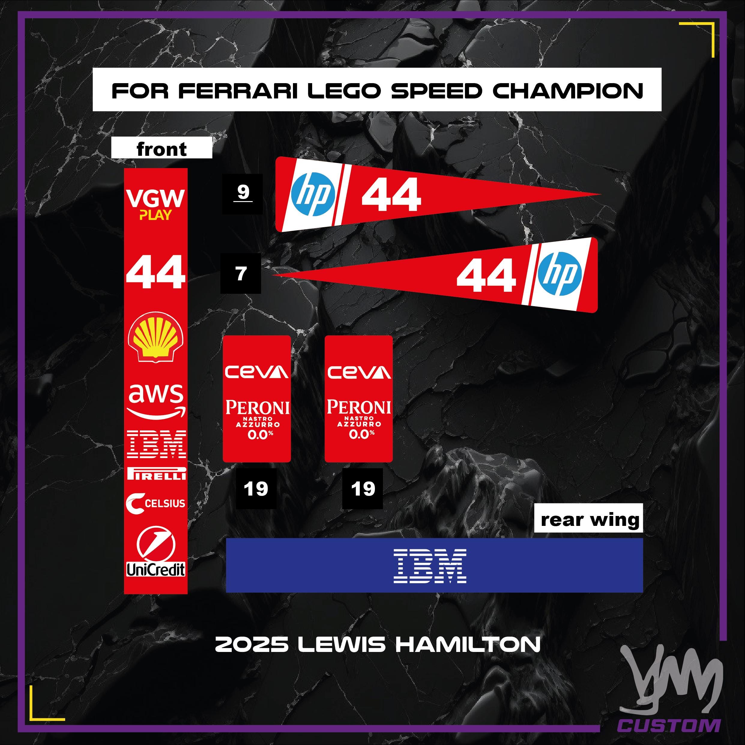 Pack de stickers Ferrari édition livrée 2025 pour Lego Speed Champion 77242 Ferrari F1 - Lewis Hamilton ou Charles Leclerc