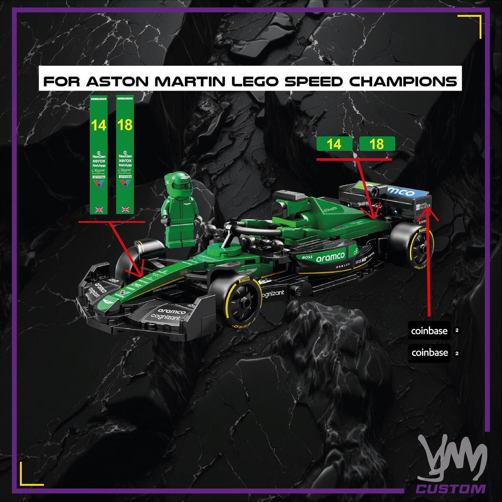 Pack de stickers Aston Martin F1 F1 édition livrée 2025 pour Lego Speed Champion 77245 - Fernando Alonso / Lance Stroll