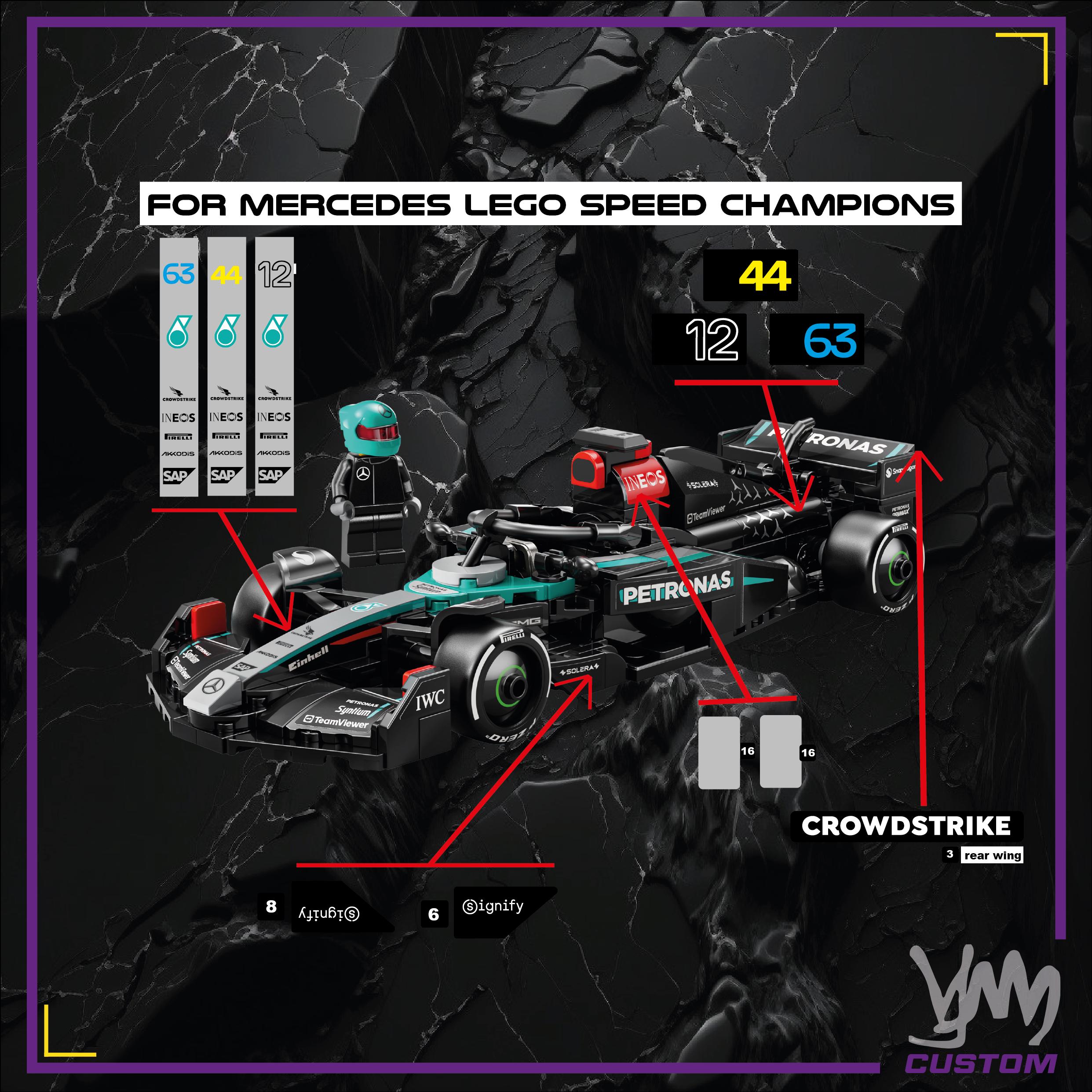 Pack de stickers Mercedes F1 Team édition livrée 2025 pour Lego Speed Champion 77244 - George Russell / Kimi Antonelli / Lewis Hamilton