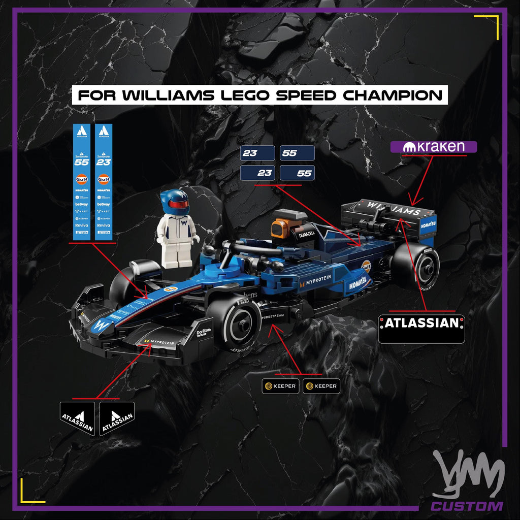 Pack de stickers Atlassian Williams F1 édition livrée 2025 pour Lego Speed Champion 77249 - Alex Albon / Carlos Sainz