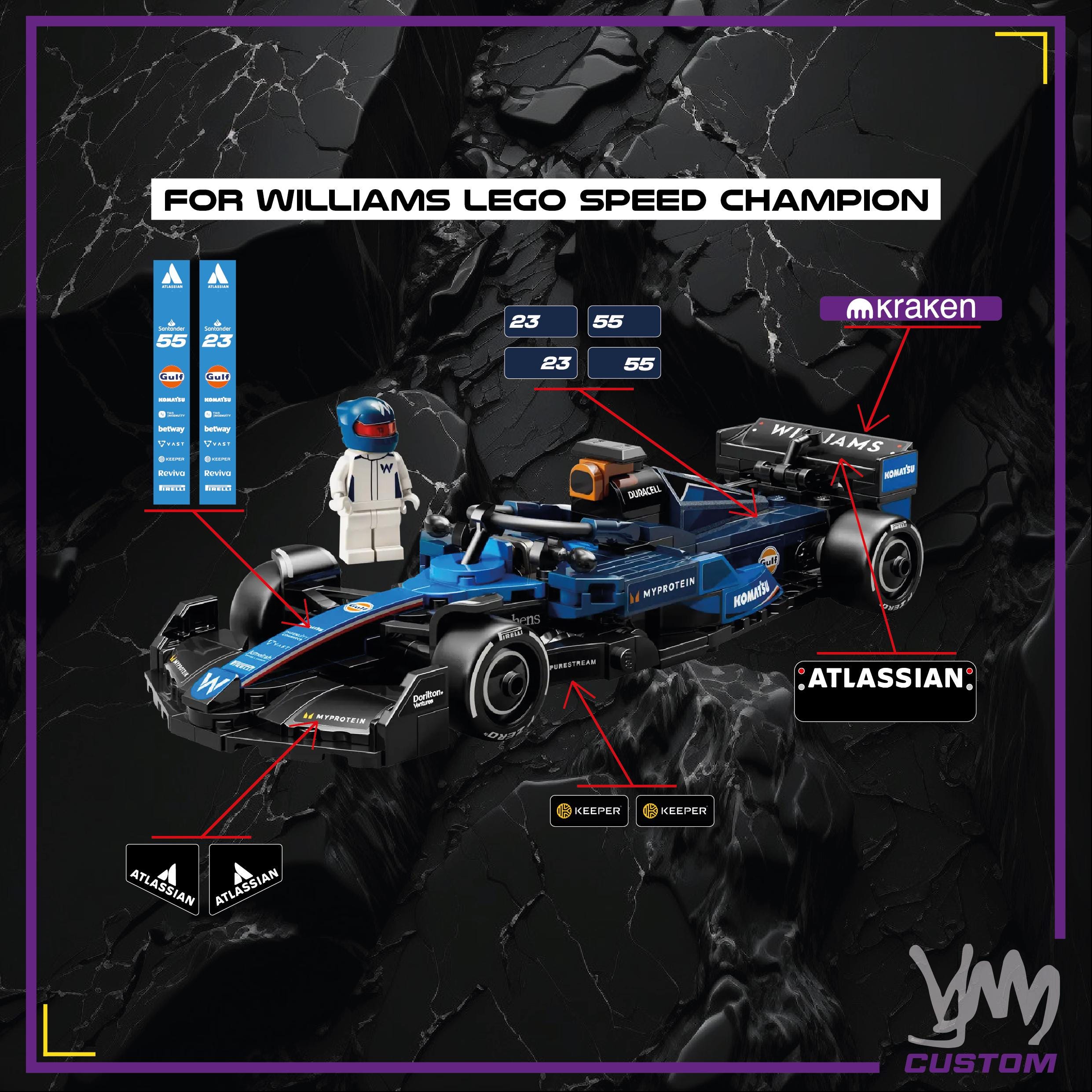 Pack de stickers Atlassian Williams F1 édition livrée 2025 pour Lego Speed Champion 77249 - Alex Albon / Carlos Sainz