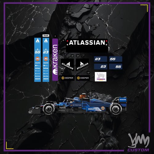 Pack de stickers Atlassian Williams F1 édition livrée 2025 pour Lego Speed Champion 77249 - Alex Albon / Carlos Sainz