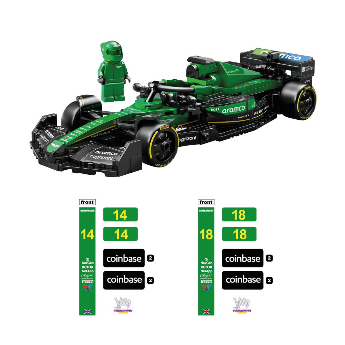 Pack de stickers Aston Martin F1 F1 édition livrée 2025 pour Lego Speed Champion 77245 - Fernando Alonso / Lance Stroll