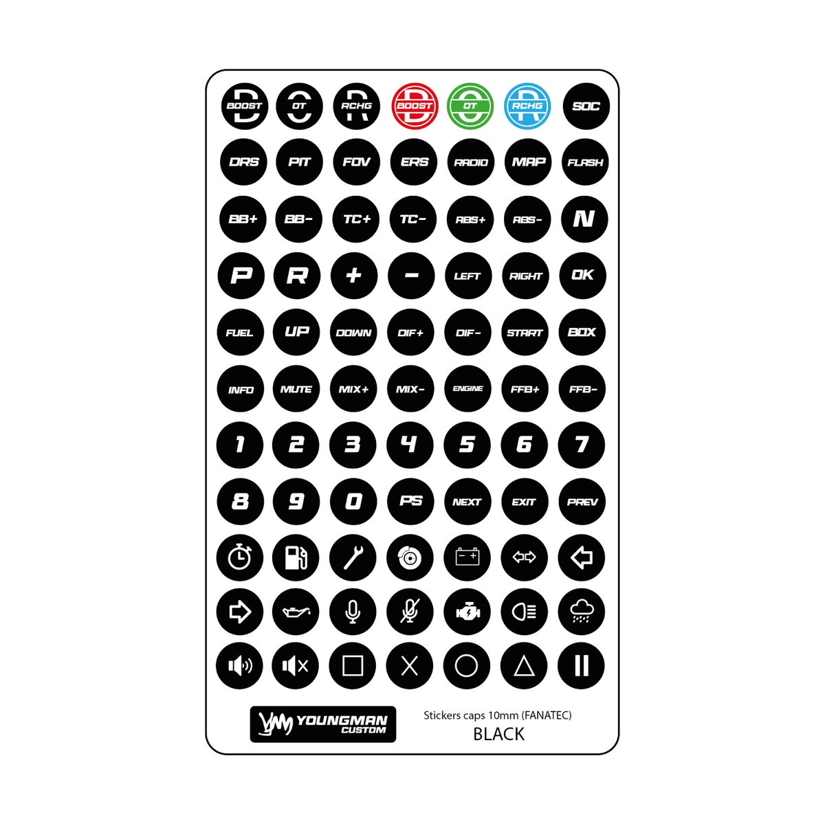 SIM Racing Steering Wheel Button Stickers / Button Box - 10mm Fanatec