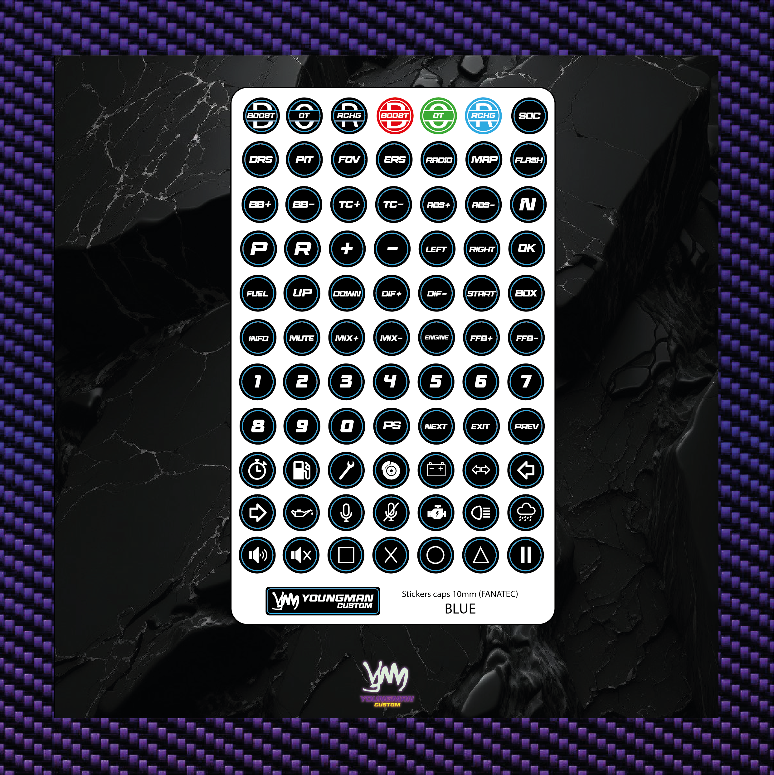 Stickers pour boutons de volant indications SIM Racing / Button box - 10mm Fanatec