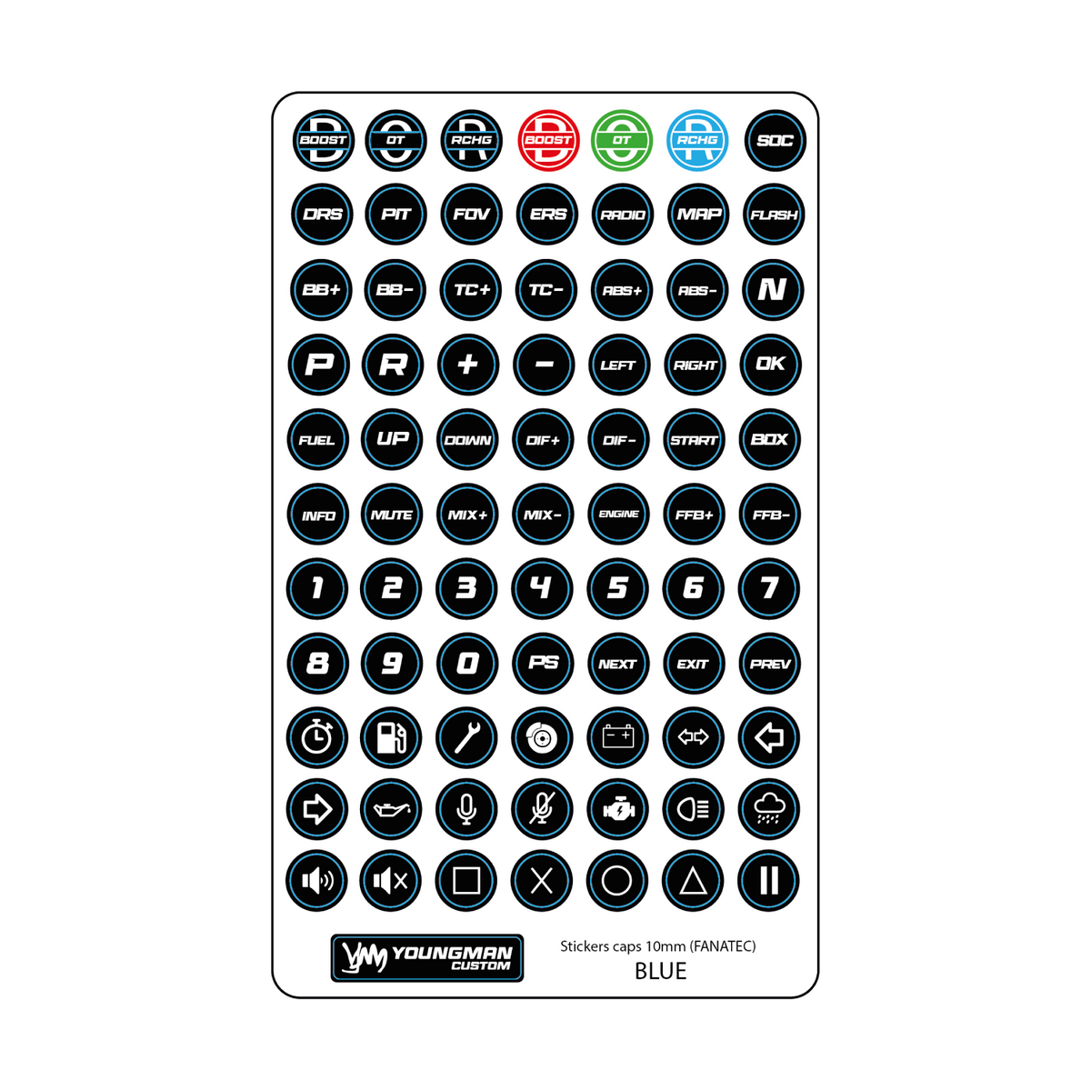 SIM Racing Steering Wheel Button Stickers / Button Box - 10mm Fanatec