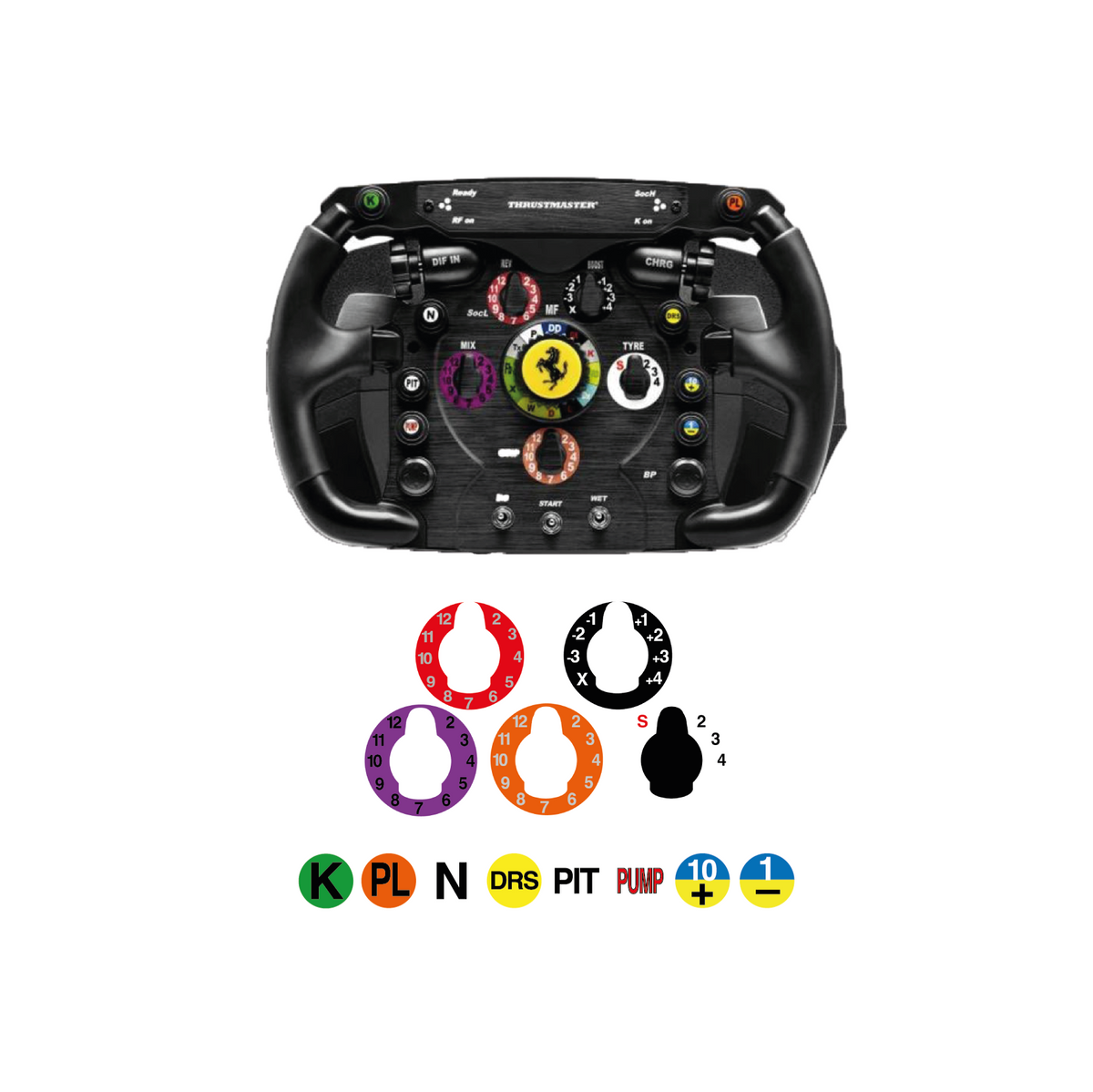 Sticker pack for buttons and selectors for Thrustmaster F1 Add-On steering wheel (OEM-style replica)
