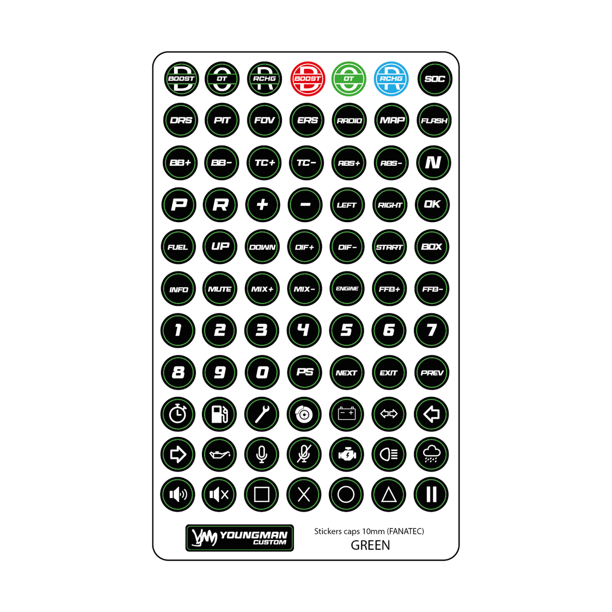 SIM Racing Steering Wheel Button Stickers / Button Box - 10mm Fanatec
