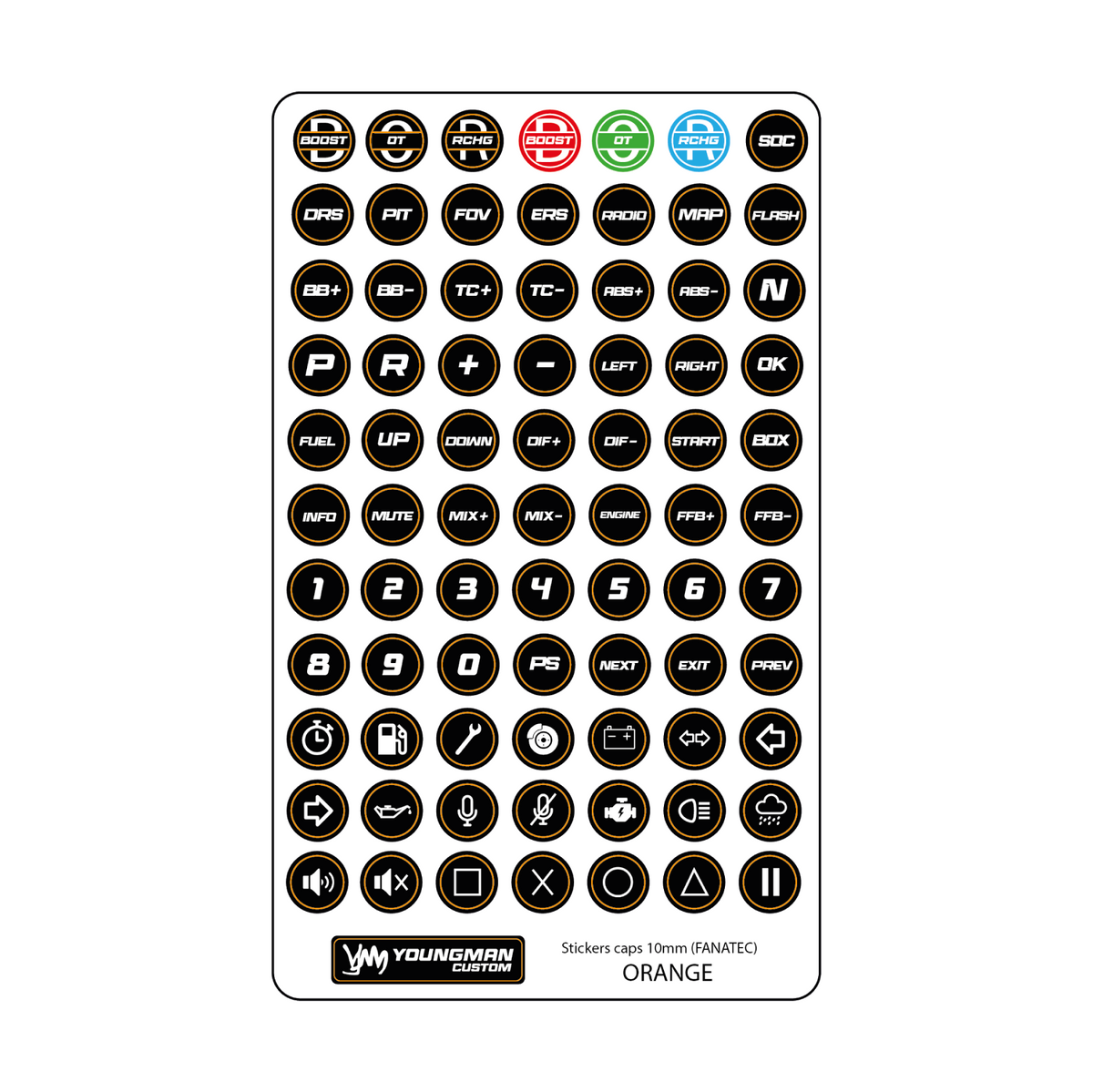 SIM Racing Steering Wheel Button Stickers / Button Box - 10mm Fanatec