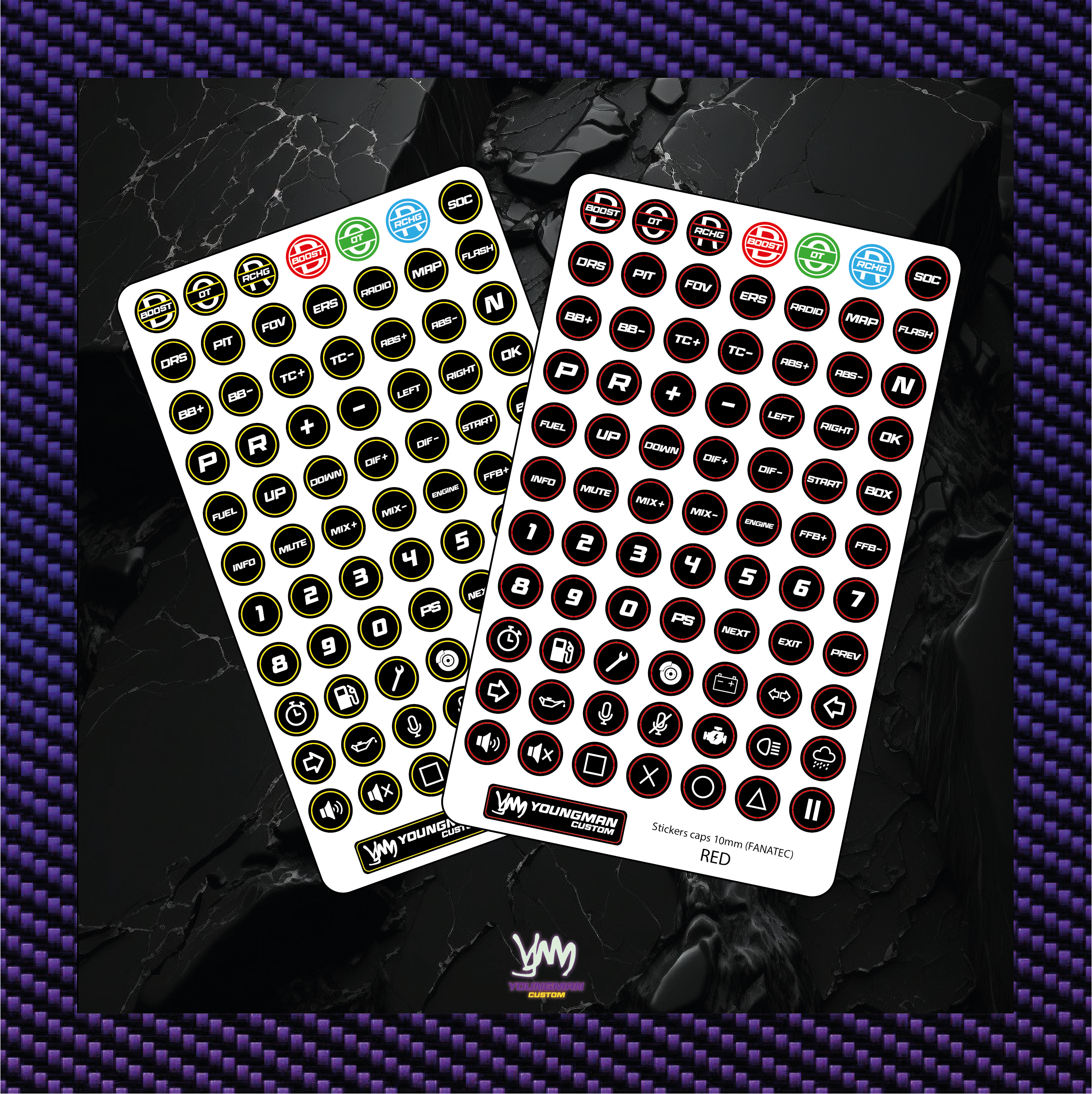 Stickers pour boutons de volant indications SIM Racing / Button box - 10mm Fanatec