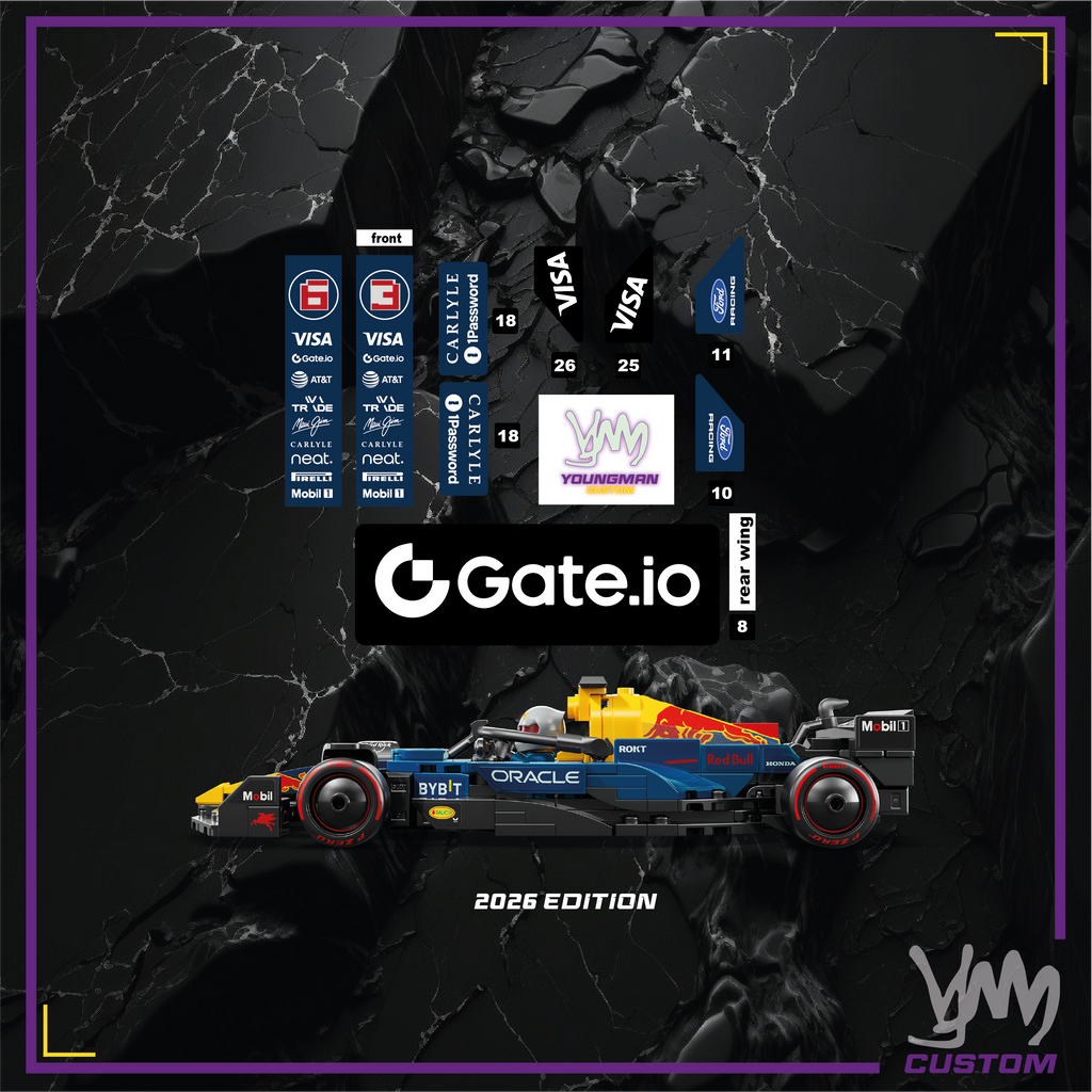 Pack de stickers Red Bull Ford F1 édition livrée 2026 pour Lego Speed Champion 77243 Oracle RB F1 Team - Max Verstappen - Isack Hadjar