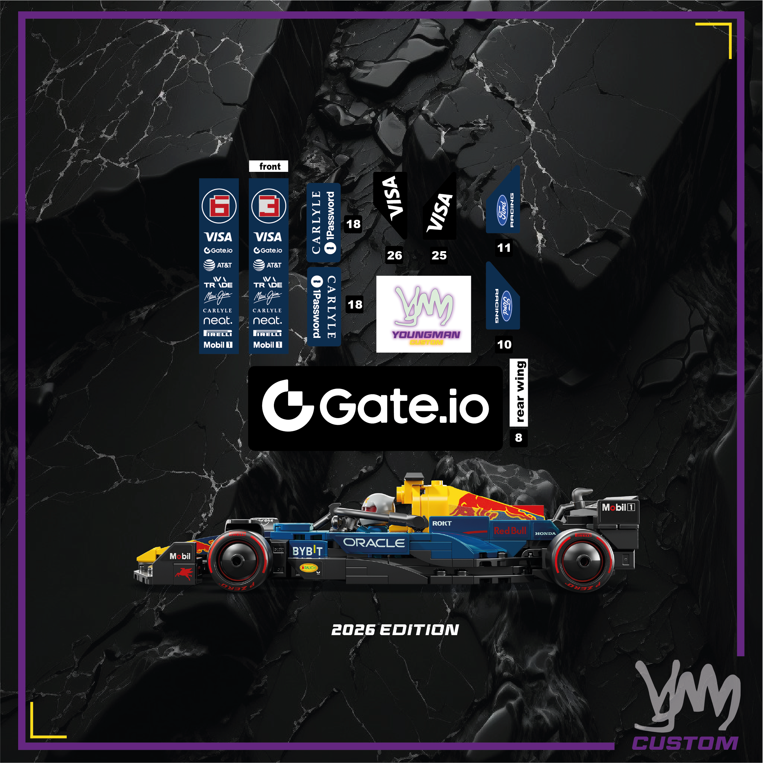 Pack de stickers Red Bull Ford F1 édition livrée 2026 pour Lego Speed Champion 77243 Oracle RB F1 Team - Max Verstappen - Isack Hadjar