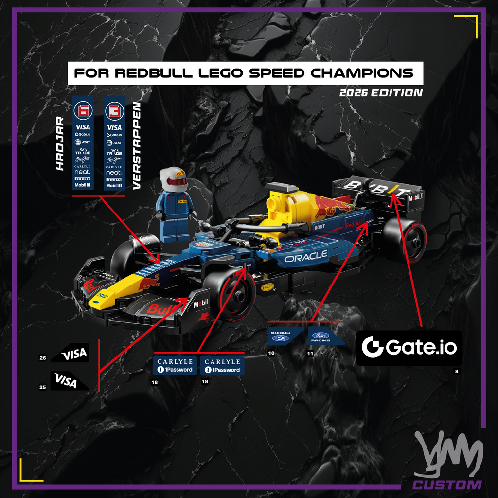 Pack de stickers Red Bull Ford F1 édition livrée 2026 pour Lego Speed Champion 77243 Oracle RB F1 Team - Max Verstappen - Isack Hadjar