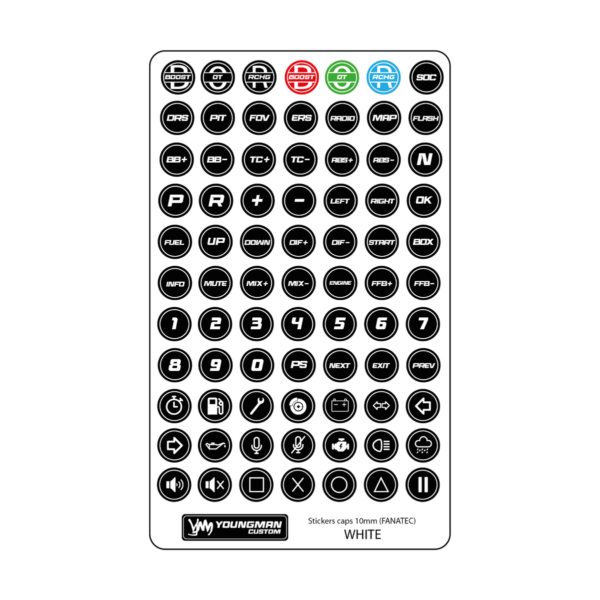 SIM Racing Steering Wheel Button Stickers / Button Box - 10mm Fanatec