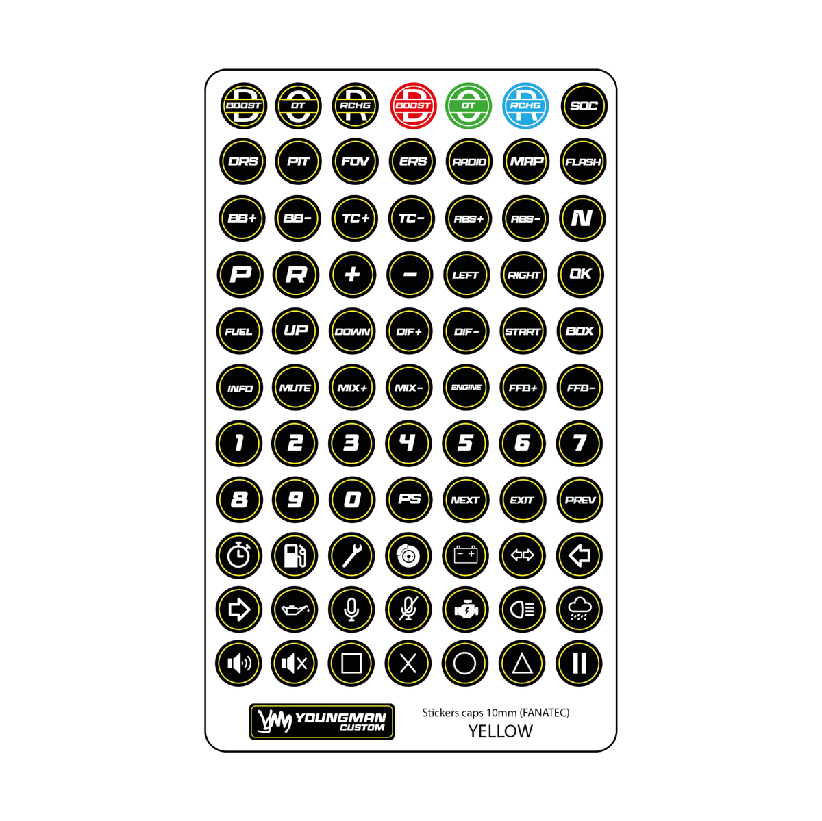 SIM Racing Steering Wheel Button Stickers / Button Box - 10mm Fanatec