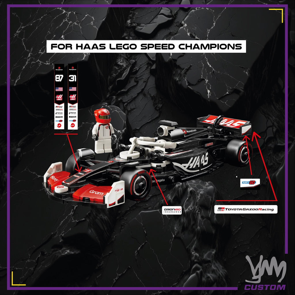 Pack de stickers HAAS F1 édition livrée 2025 pour Lego Speed Champion 77250 - Esteban Ocon et Ollie Bearman