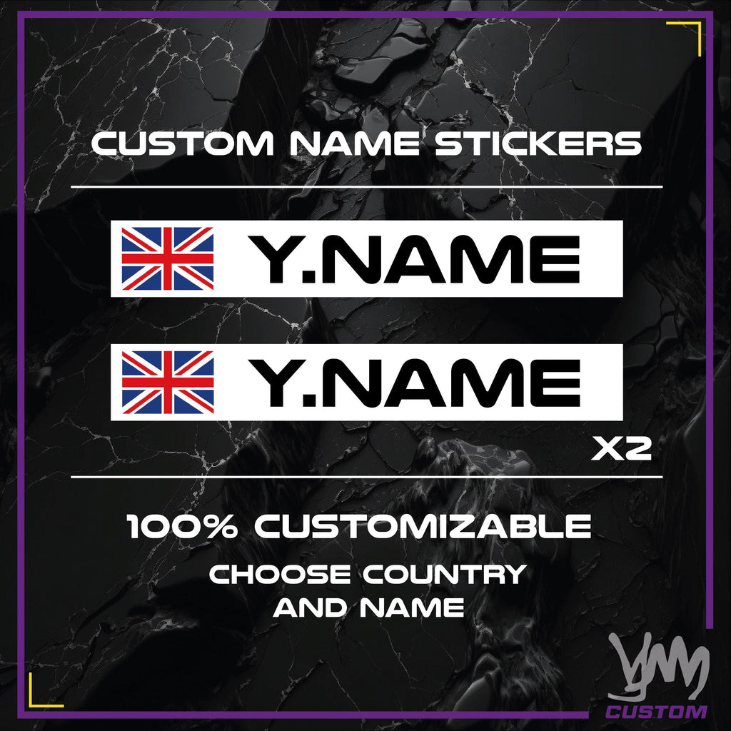 Stickers nom pilote personnalisé x2 racing avec drapeau - 100% personnalisable pour siège, volant, karting, casque, moto