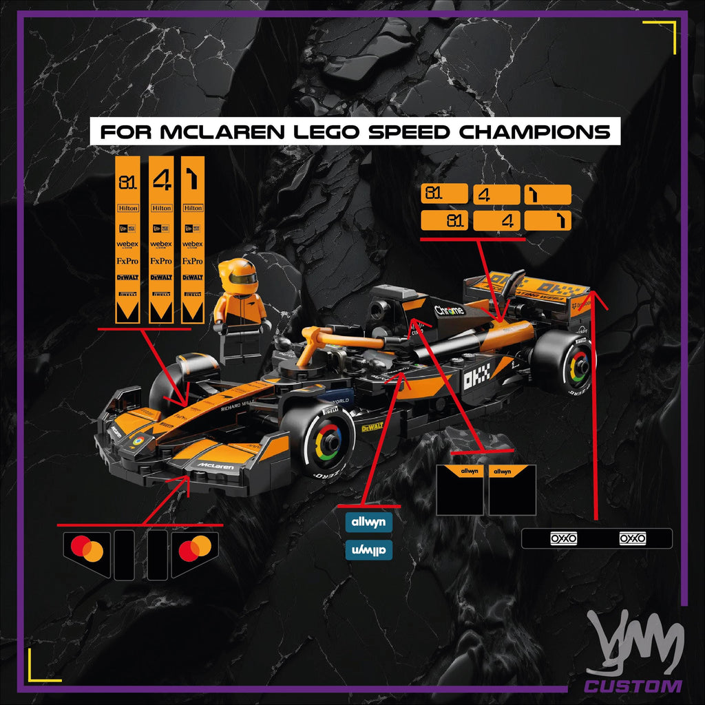 Pack de stickers McLaren F1 F1 édition livrée 2025 / 2026 pour Lego Speed Champion 77251 - Lando Norris / Oscar Piastri