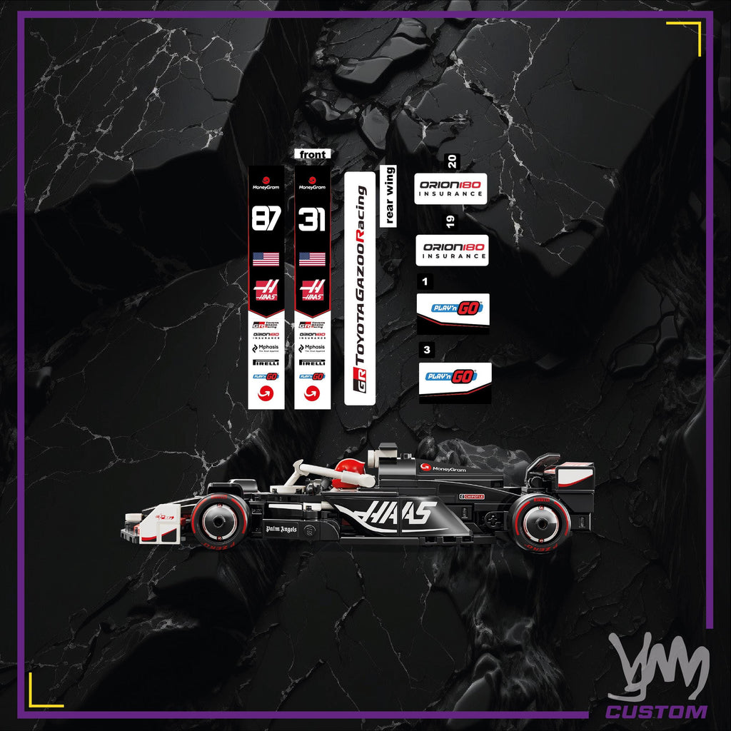 Pack de stickers HAAS F1 édition livrée 2025 pour Lego Speed Champion 77250 - Esteban Ocon et Ollie Bearman